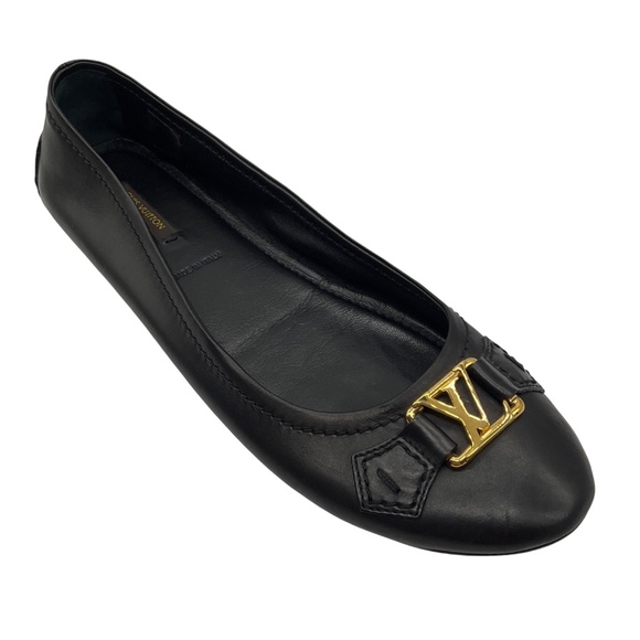 LOUIS VUITTON BLACK / GOLD LV LOGO HARDWARE LEATHER BALLET FLATS - Picture 1 of 8